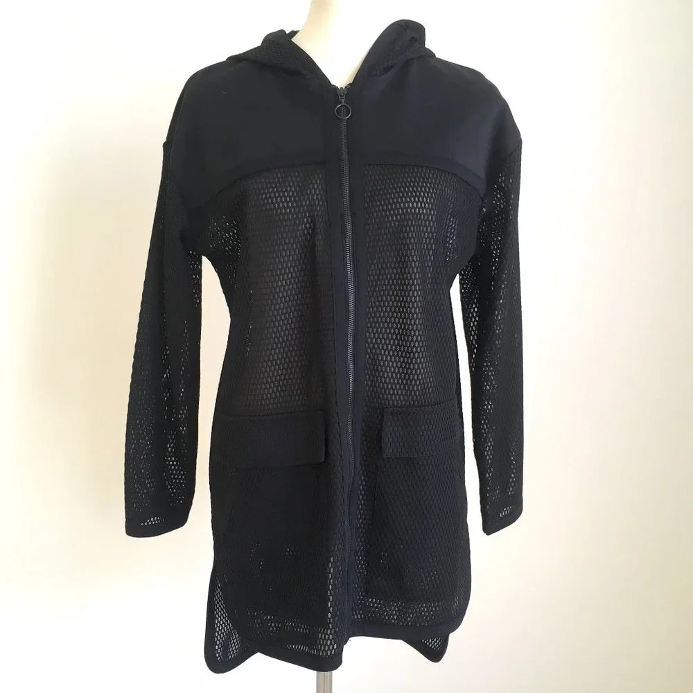 Zara Black Long Mesh Sport Hooded Jacket High Low - Picture 1 of 11